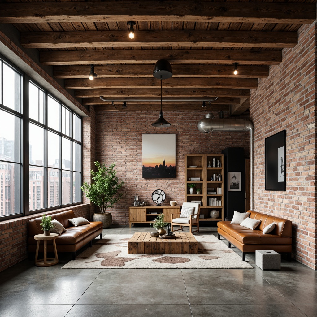 Prompt: Industrial-chic loft interior, exposed wooden beams, brick walls, polished concrete floors, metal accents, reclaimed wood furniture, Edison light bulbs, urban skyline views, large windows, minimalist decor, modern art pieces, sleek leather sofas, industrial-style lighting fixtures, distressed wood textures, warm neutral color palette, cozy reading nooks, functional storage spaces, eclectic decorative accessories, natural materials, airy open layout, 1/1 composition, softbox lighting, realistic textures, ambient occlusion.