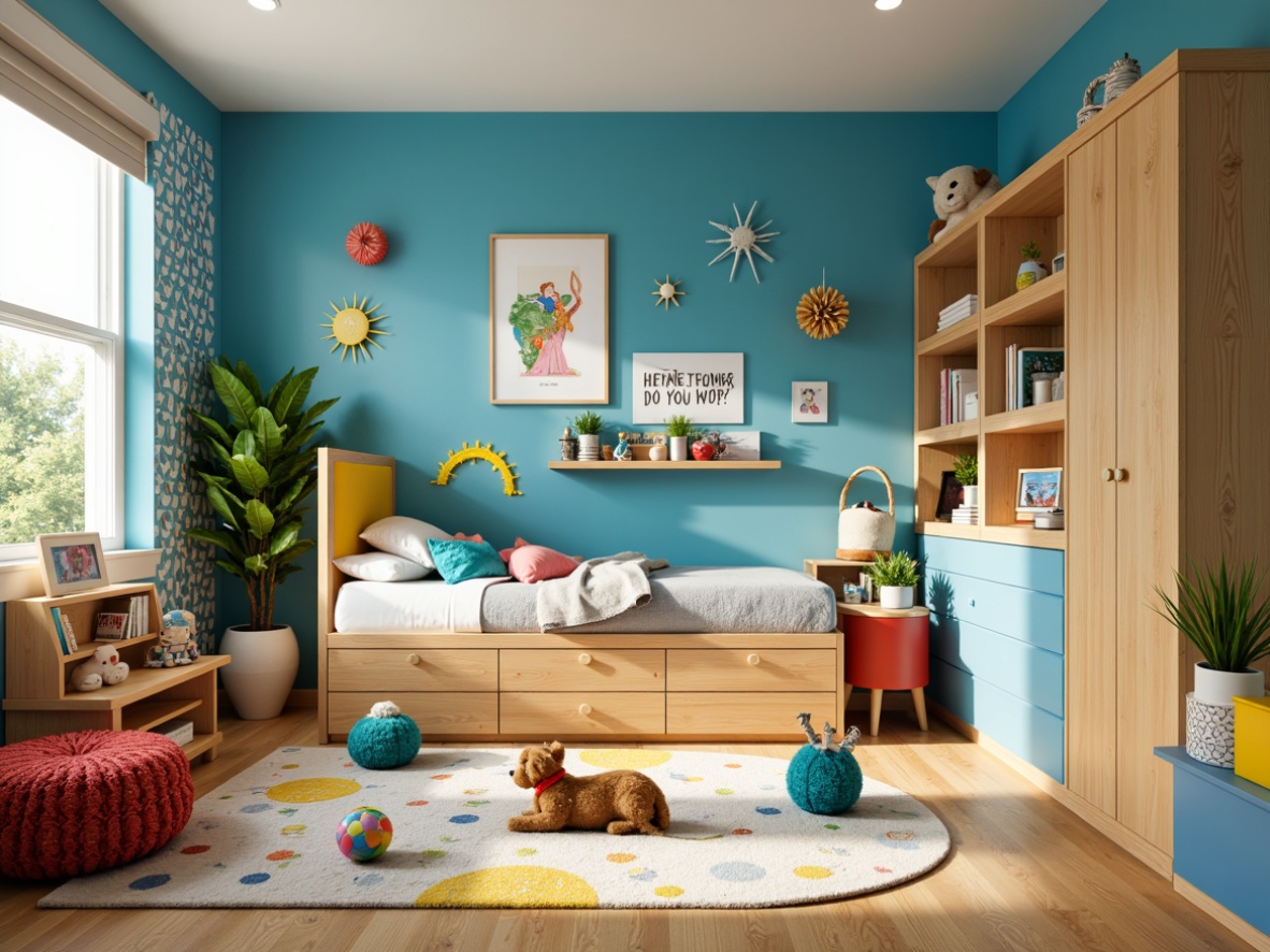 Prompt: Vibrant kids' bedroom, playful furniture, bright wall colors, whimsical patterns, stuffed animals, colorful rugs, soft toys, educational decorations, cheerful lighting, fun textures, cozy reading nooks, natural wood accents, calming blue tones, energetic yellow hues, creamy white shades, 3D geometric shapes, bold typography, lively illustrations, fantastical creatures, dreamy atmosphere, shallow depth of field, 1/1 composition, warm soft focus.