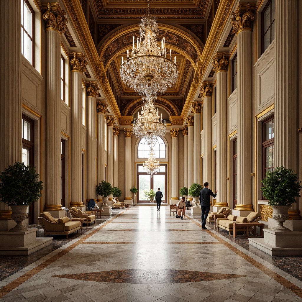 Prompt: Grand hall, ornate columns, classical architecture, marble flooring, high ceilings, crystal chandeliers, golden decorations, lavish furnishings, intricate moldings, symmetrical composition, soft warm lighting, shallow depth of field, 3/4 view, realistic textures, ambient occlusion.