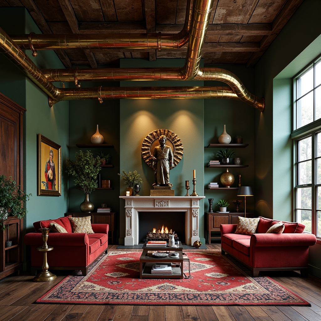 Prompt: Luxurious living room, metallic accents, gold leaf details, polished chrome fixtures, industrial-chic exposed ductwork, reclaimed wood floors, plush velvet sofas, rich jewel-toned walls, bronze statue decor, geometric patterned rugs, warm ambient lighting, shallow depth of field, 1/1 composition, realistic textures, atmospheric glow.