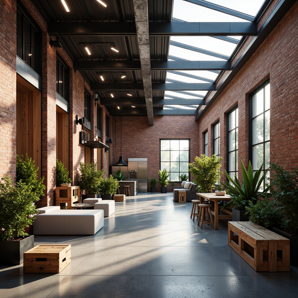 Prompt: Exposed brick walls, industrial chic decor, reclaimed wood accents, metal beams, high ceilings, large skylights, clerestory windows, natural light pouring in, airy open spaces, minimalist interior design, polished concrete floors, rustic wooden crates, potted greenery, industrial-style lighting fixtures, soft warm glow, ambient shadows, 1/1 composition, realistic textures, shallow depth of field.