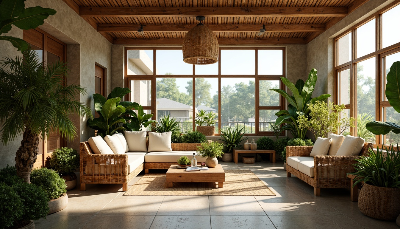 Prompt: Tropical interior, exotic plants, wicker furniture, natural fibers, bamboo accents, rattan lighting fixtures, warm bronze tones, pendant lamps, linen shades, coastal vibes, sunny daylight, soft warm glow, ambient lighting, 1/2 composition, realistic textures, subtle color grading.