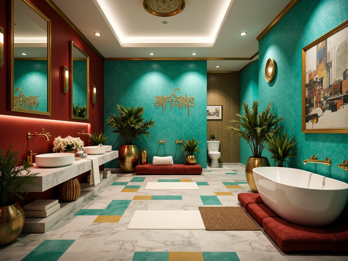 Prompt: Vibrant turquoise walls, ornate golden fixtures, expressive curved lines, luxurious marble countertops, bold red accents, dramatic lighting, oversized mirrors, freestanding tubs, minimalist sink basins, futuristic toilets, geometric patterned floors, abstract artwork, eclectic decorative accessories, lavish plants, ambient misting systems, warm soft focus, shallow depth of field, 1/1 composition, cinematic view.