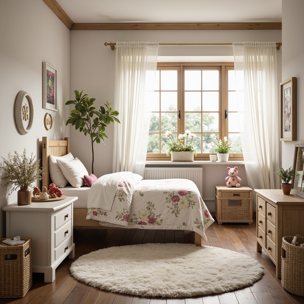 Prompt: Whimsical kids' room, distressed wooden furniture, soft pastel colors, lace curtains, floral patterns, ruffled bedding, vintage toys, antique trunks, woven baskets, plush area rug, creamy whites, warm beige tones, rustic wooden accents, shabby-chic decor, gentle natural light, 1/1 composition, realistic fabrics, subtle texture details, romantic ambiance.