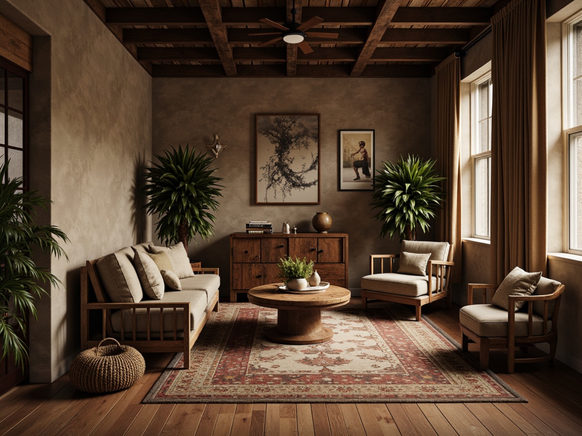 Prompt: Richly textured walls, smooth wooden floors, plush area rugs, velvety sofas, metallic accents, natural stone features, earthy ceramics, woven baskets, distressed wood furniture, industrial metal beams, soft warm lighting, dramatic shadows, 3/4 composition, intimate atmosphere, cozy nooks, eclectic decor, vintage accessories, organic shapes, tactile experiences.