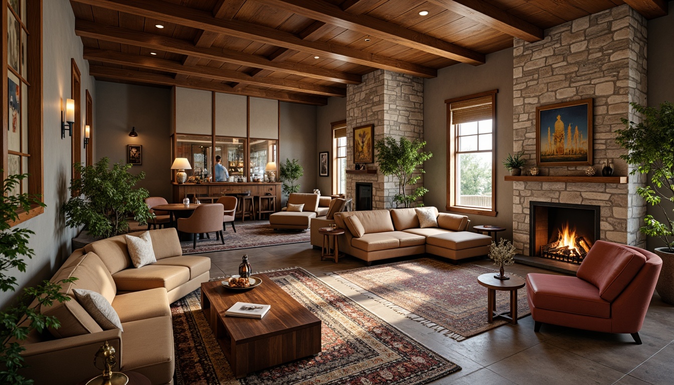 Prompt: Rustic hotel lobby, wooden accents, natural stone walls, earthy color palette, vintage furniture, distressed wood textures, metal lanterns, pinecone decorations, woven baskets, cozy fireplaces, plush area rugs, nature-inspired artwork, wooden ceiling beams, exposed brick walls, warm soft lighting, shallow depth of field, 1/1 composition, realistic textures, ambient occlusion.