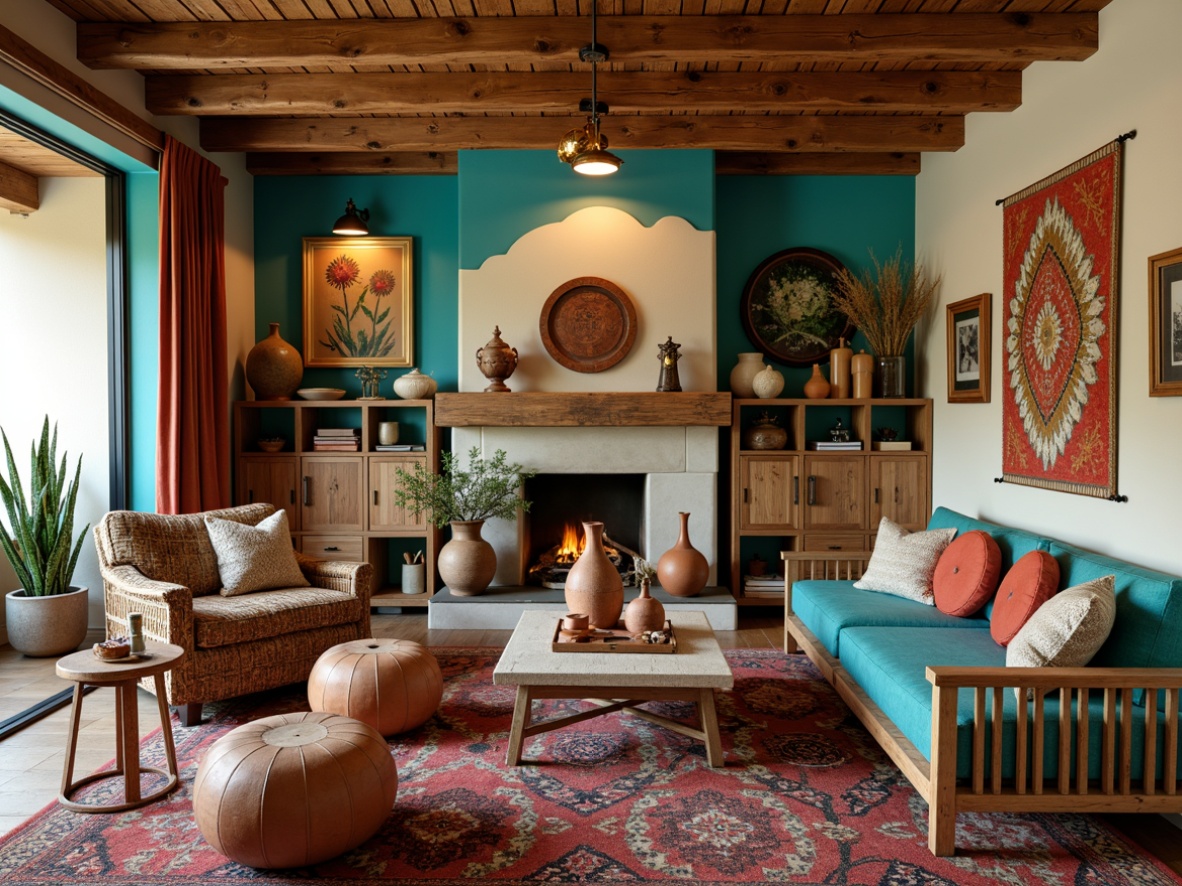 Prompt: Vibrant turquoise accents, earthy terracotta pottery, woven Navajo-inspired rugs, distressed wooden furniture, natural fiber textiles, geometric patterned throw pillows, rusty metal lanterns, handmade ceramic vases, warm golden lighting, cozy reading nooks, desert botanical prints, rustic wooden shelves, Southwestern-style tapestries, colorful kilim ottomans, authentic Native American artifacts, eclectic global-inspired decor, rich wood tones, organic natural materials.