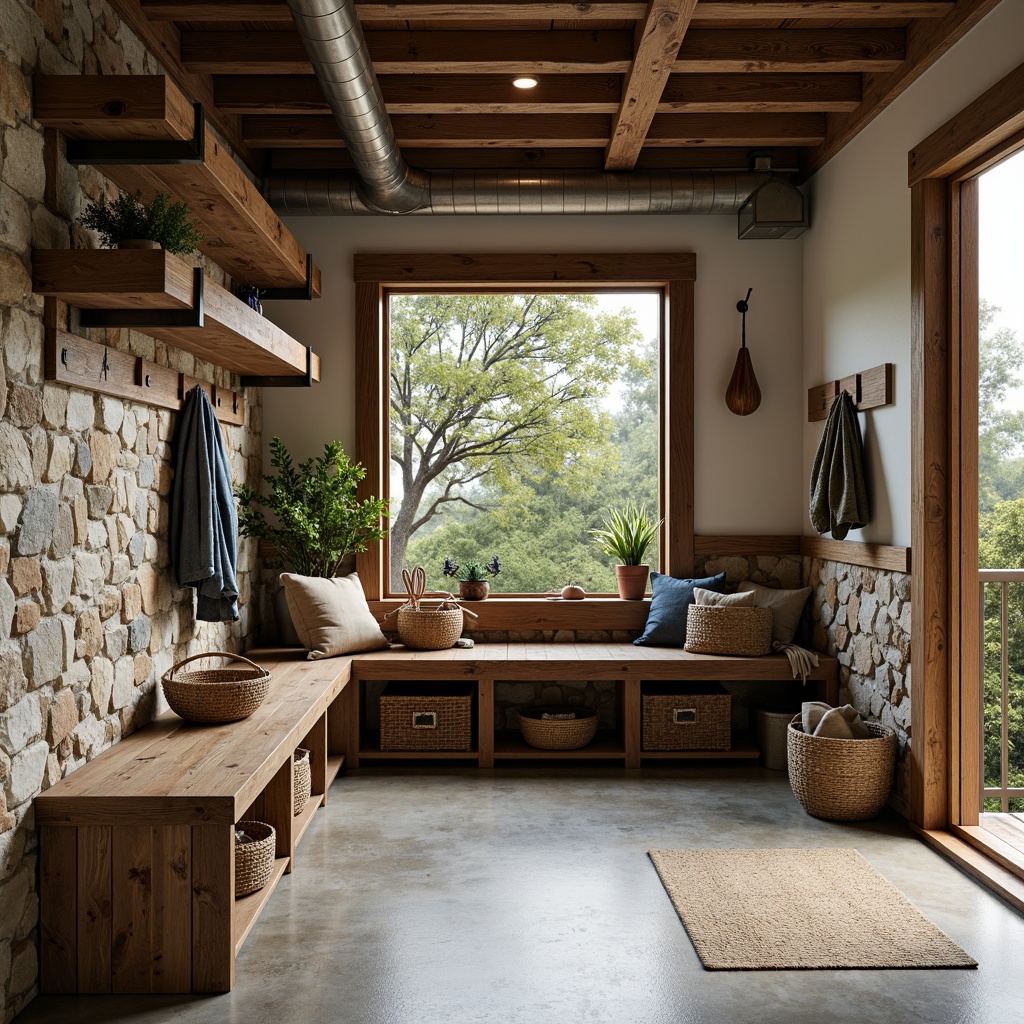 Prompt: Rustic mudroom, natural stone walls, reclaimed wood accents, earthy color palette, industrial metal shelving, exposed ductwork, concrete floors, rough-hewn wooden benches, woven wicker baskets, potted plants, organic textures, warm soft lighting, shallow depth of field, 1/1 composition, realistic rendering, ambient occlusion.