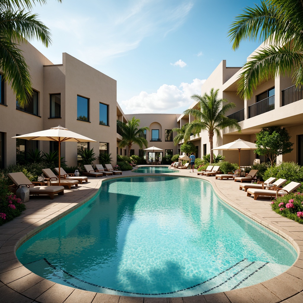 Prompt: Curved pool edges, sleek modernist architecture, Art Deco-inspired motifs, luxurious lounge chairs, umbrella tables, turquoise water, sun-kissed deck, palm tree surroundings, tropical flowers, warm sunny day, soft focus, shallow depth of field, 1/2 composition, symmetrical framing, high-contrast lighting, reflective pool surfaces, rippling water effects, ambient occlusion.