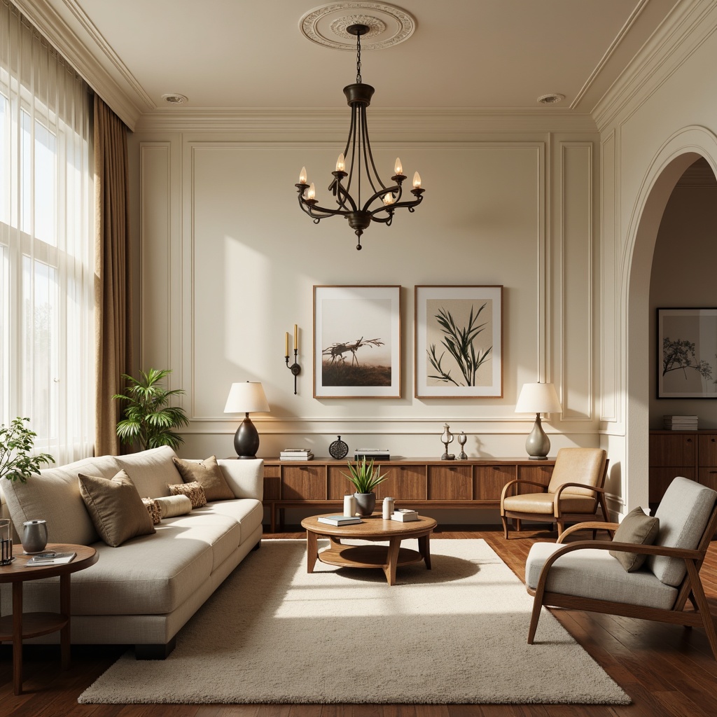 Prompt: Modern living room, stylish furniture, cream-colored walls, polished wooden floors, elegant chandeliers, pendant lights, table lamps, floor lamps, warm soft lighting, cozy atmosphere, 3/4 composition, shallow depth of field, natural textures, realistic shadows.