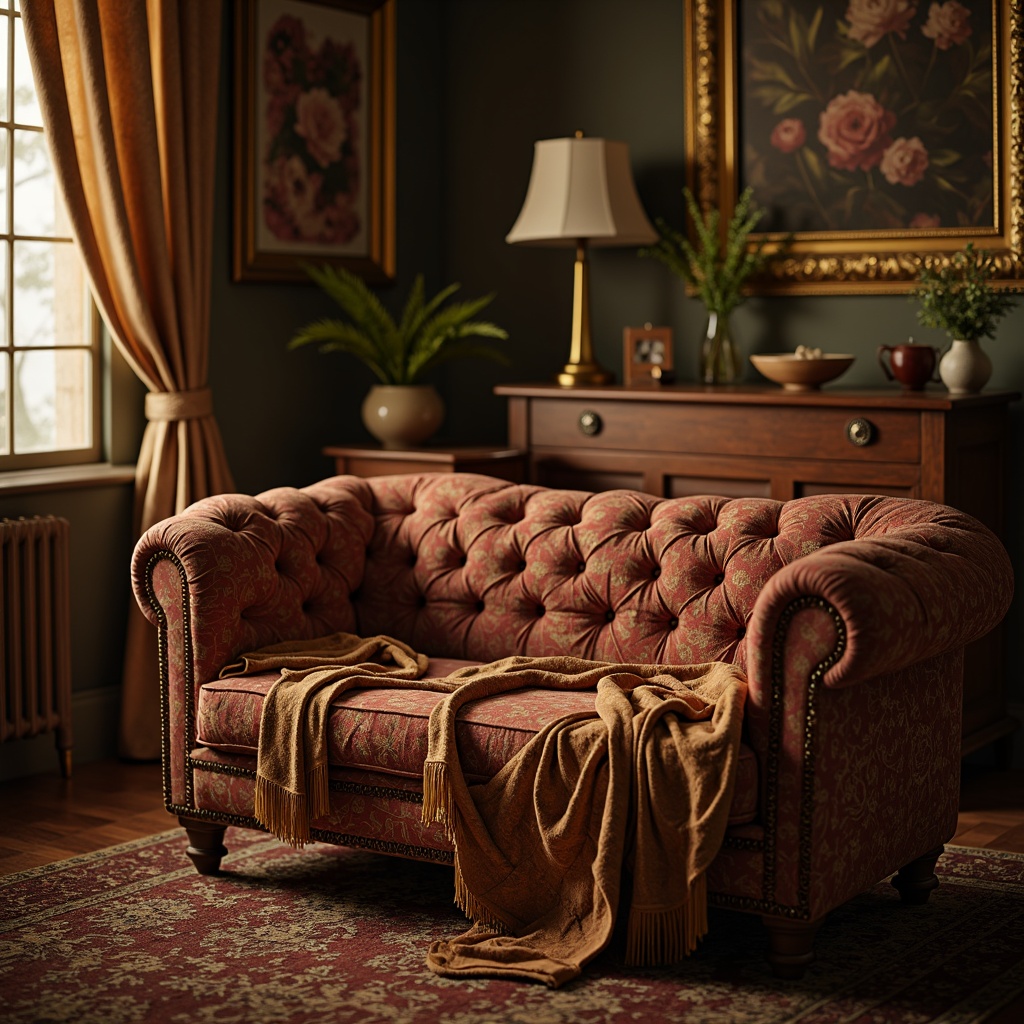 Prompt: Intricate floral patterns, rich velvet fabrics, luxurious silk materials, ornate tassels, heavy drapery, opulent upholstery, antique furniture pieces, distressed wood textures, classic button tufting, subtle sheen finishes, warm golden lighting, soft focus effects, shallow depth of field, 2/3 composition, vintage color palette, nostalgic atmosphere, romantic ambiance.