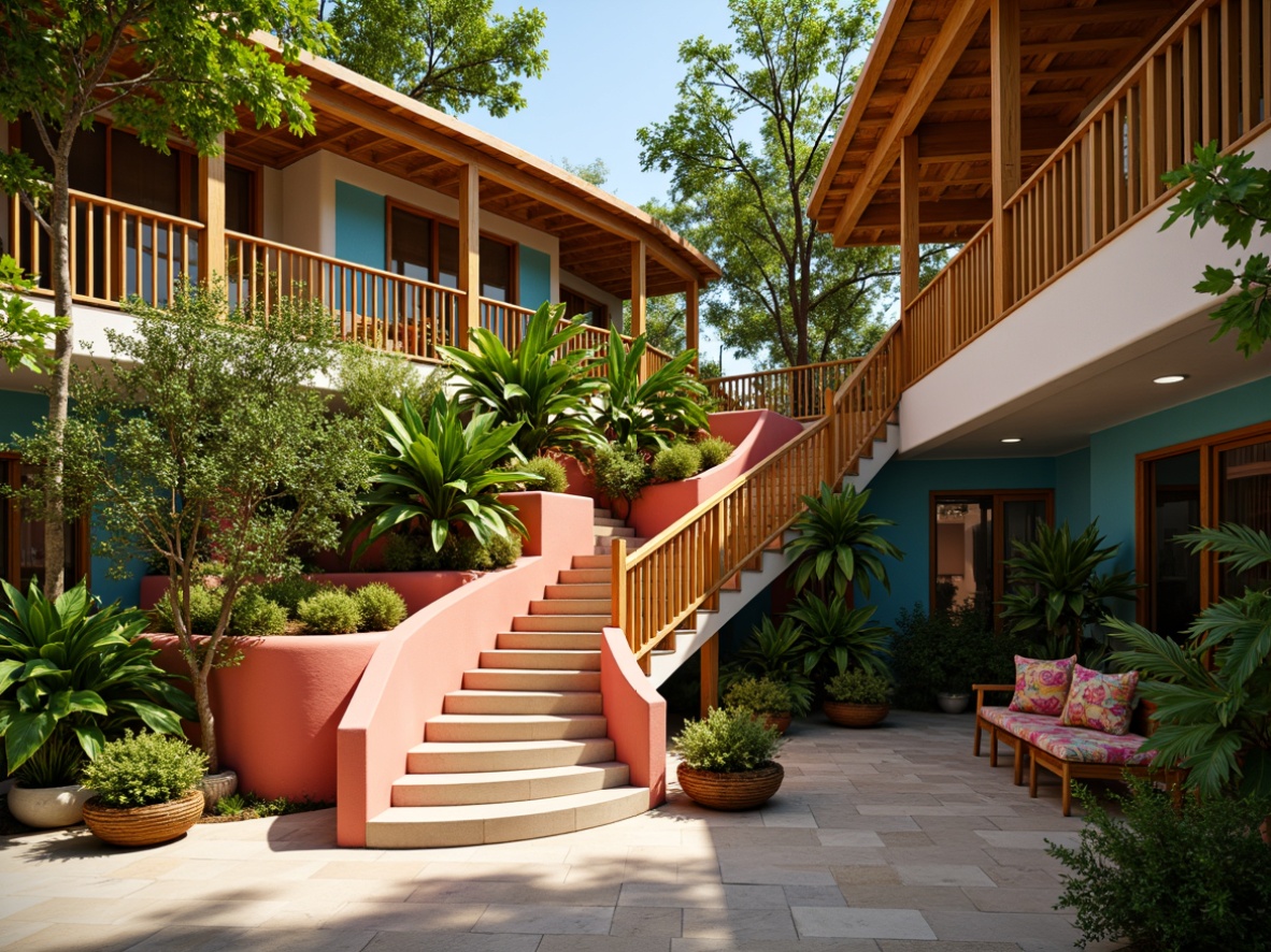 Prompt: Vibrant tropical staircase, exotic wood tones, warm golden balusters, lush greenery, colorful floral patterns, natural stone flooring, bright coral walls, ocean-inspired blue accents, sunny day, soft warm lighting, shallow depth of field, 3/4 composition, panoramic view, realistic textures, ambient occlusion.