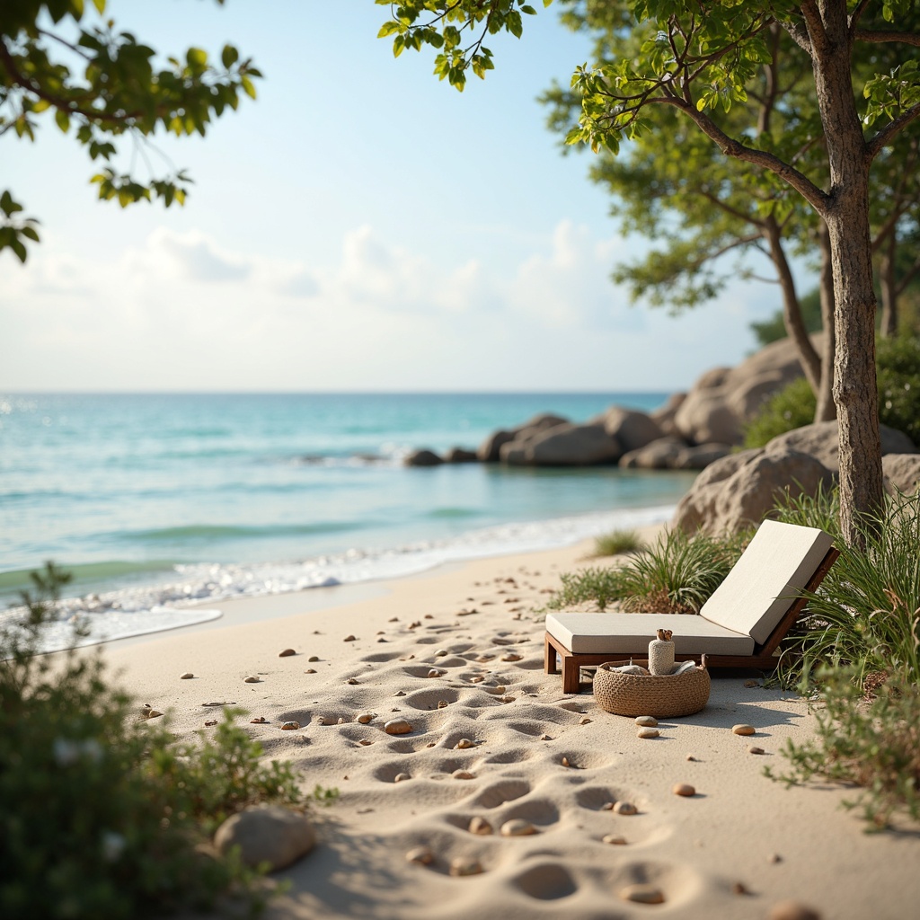 Prompt: Calming coastal atmosphere, soft sandy beaches, clear blue waters, driftwood accents, ocean-inspired hues, gentle seafoam green, soothing misty blue, warm beige sandstone, weathered wood textures, natural linen fabrics, nautical rope details, subtle shell patterns, ambient morning light, shallow depth of field, 1/1 composition, realistic renderings, atmospheric perspective.