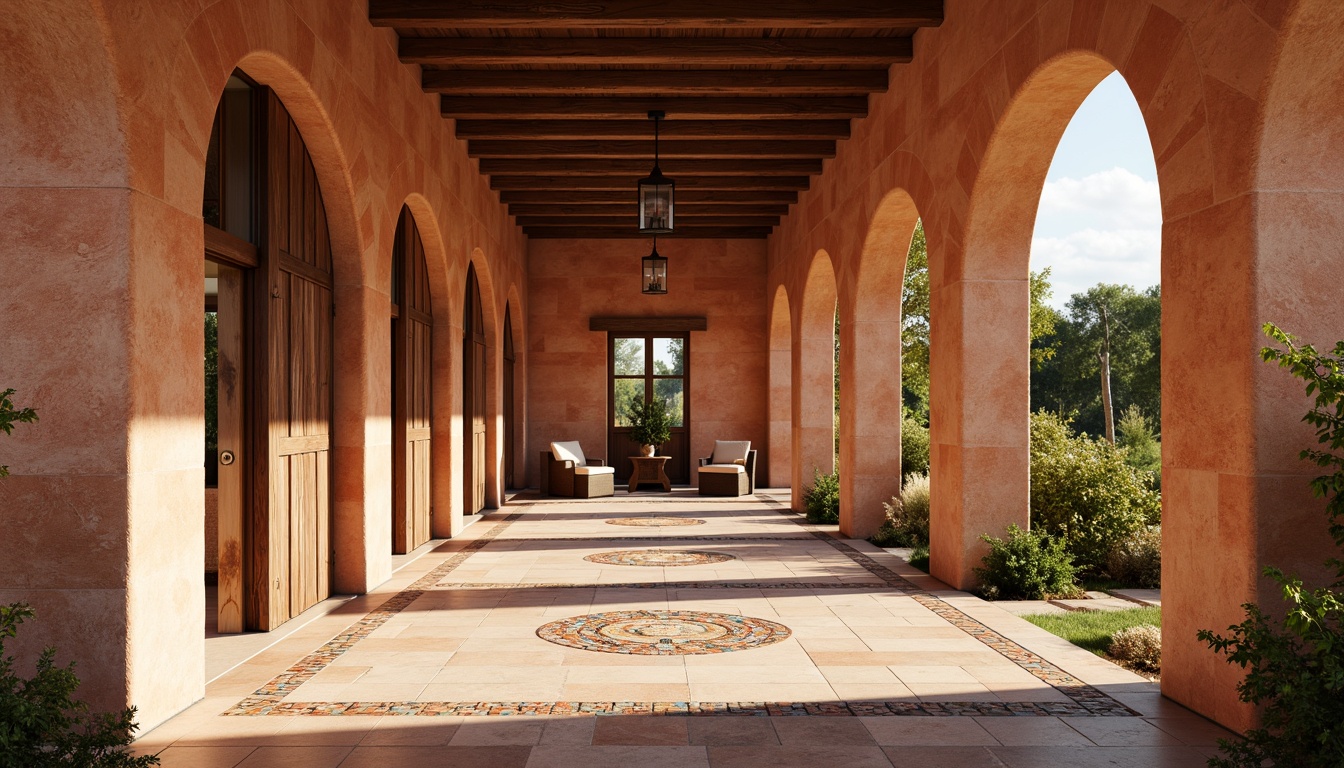 Prompt: Warm Mediterranean ambiance, rustic stone walls, earthy terracotta tones, distressed wood accents, ornate ceramic tiles, colorful mosaic patterns, natural limestone surfaces, textured stucco finishes, curved archways, elegant columns, sunny warm lighting, shallow depth of field, 1/1 composition, realistic textures, ambient occlusion.