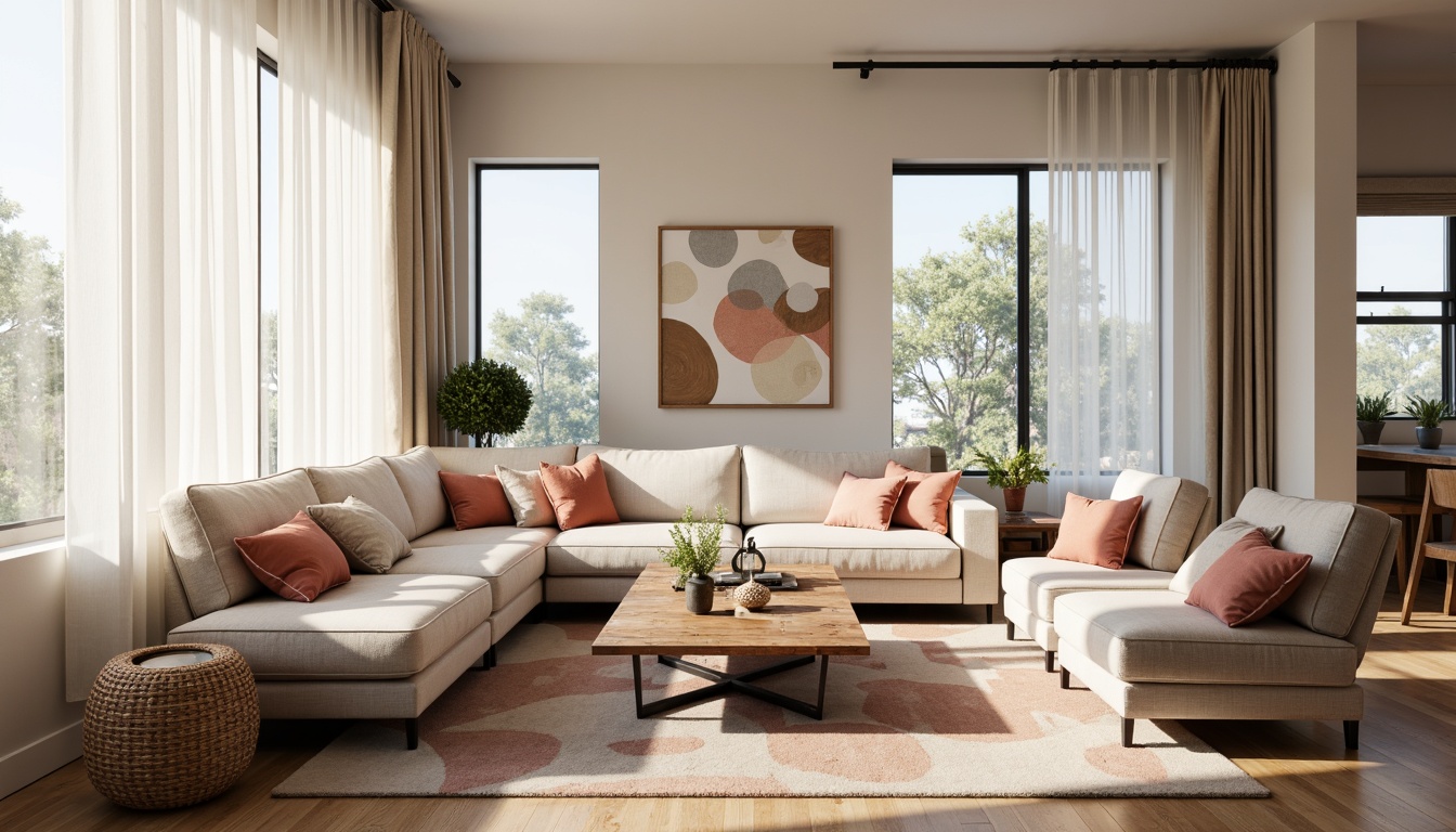 Prompt: Cozy living room, plush sofas, velvet armchairs, reclaimed wood coffee tables, minimalist metal legs, soft pastel colors, natural textiles, woven baskets, geometric patterned rugs, floor-to-ceiling windows, sheer white curtains, warm ambient lighting, 1/2 composition, shallow depth of field, realistic fabric textures, subtle shadows.