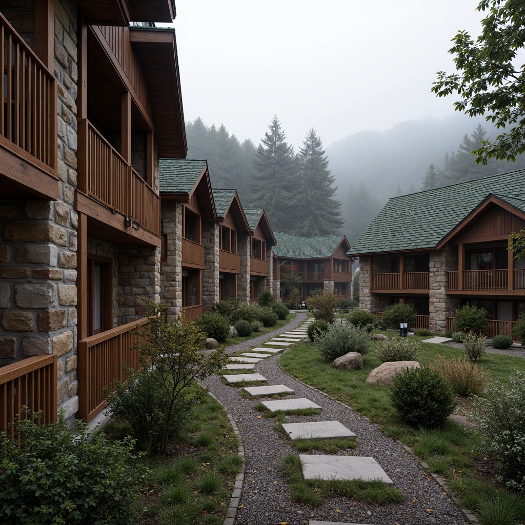 Prompt: Rustic hotel exterior, wooden cabin-style buildings, earthy tones, weathered wood textures, stone walls, green roofs, natural surroundings, forest landscape, misty morning, warm soft lighting, shallow depth of field, 3/4 composition, panoramic view, realistic textures, ambient occlusion.