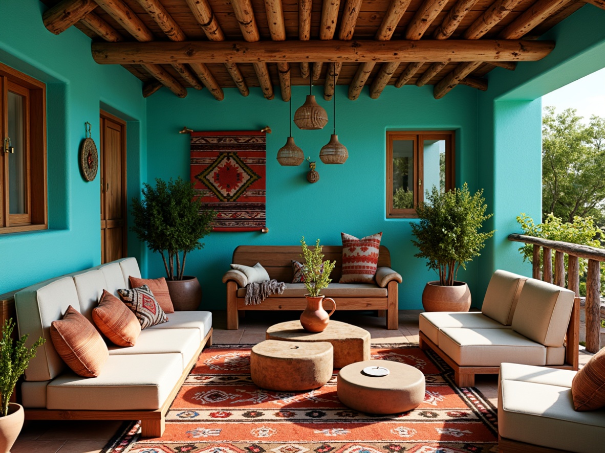 Prompt: Vibrant turquoise accents, rustic wooden furniture, woven Native American-inspired textiles, colorful Navajo-patterned rugs, plush pillows with geometric motifs, earthy terracotta pots, cacti plants, warm sunny day, soft natural lighting, shallow depth of field, 1/1 composition, intimate cozy atmosphere, rich cultural heritage, bold bright colors, eclectic Southwestern decor.