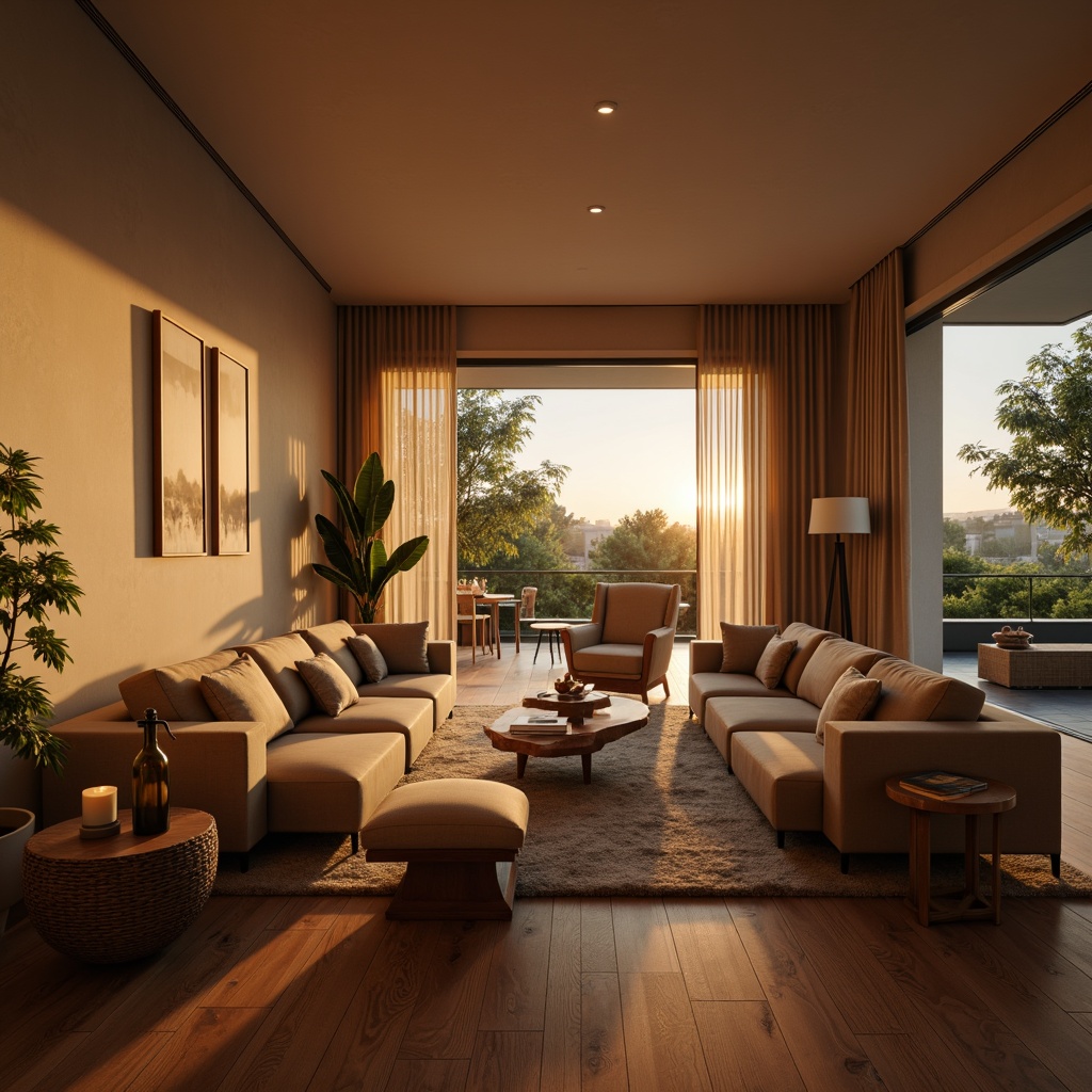 Prompt: Cozy living room, warm ambient lighting, soft glowing lamps, comfortable sofas, natural wood flooring, earthy tone walls, plush area rugs, floor-to-ceiling windows, sheer curtains, subtle shadows, gentle color palette, calming atmosphere, relaxed seating arrangement, minimalist decor, sleek modern furniture, warm beige tones, inviting textures, shallow depth of field, 1/1 composition, realistic reflections.