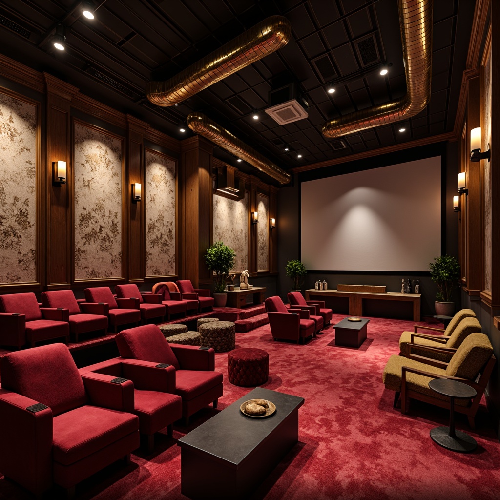 Prompt: Richly textured velvety cinema seats, dark-stained wooden trim, ornate golden fixtures, plush crimson carpets, ambient dimmable lighting, cinematic screen wall, luxurious reclining chairs, sleek metal frames, minimalist coffee tables, industrial-chic exposed ductwork, urban loft-inspired architecture, distressed brick walls, metallic accents, warm cozy atmosphere, dramatic spotlights, shallow depth of field, 2/3 composition, realistic material textures, soft box shadows.