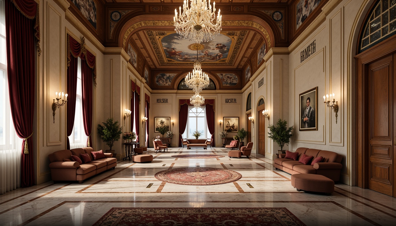 Prompt: Luxurious marble floors, ornate wooden paneling, intricately carved stone facades, grandiose columns, sweeping archways, refined velvet drapes, antique bronze hardware, lavish crystal chandeliers, richly patterned rugs, subtle fresco ceilings, elegant stucco walls, soft warm lighting, shallow depth of field, 2/3 composition, symmetrical framing, ornate picture frames, realistic textures, ambient occlusion.