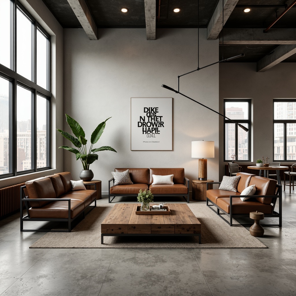 Prompt: Geometrically-shaped living room, minimalist decor, rectangular furniture, tubular steel frames, leather upholstery, rich wood tones, industrial-chic lighting fixtures, functional simplicity, clean lines, monochromatic color scheme, bold typography, avant-garde artwork, urban loft setting, concrete floors, large windows, natural light, 3/4 composition, shallow depth of field, soft warm lighting, realistic textures.