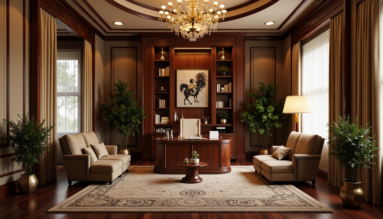 Prompt: Luxurious home office, rich wood tones, elegant curved lines, ornate metalwork, velvet upholstery, geometric patterns, bold color schemes, lavish lighting fixtures, sleek desktops, vintage-inspired accessories, sophisticated ambiance, warm beige walls, dark hardwood floors, statement piece furniture, metallic accents, luxurious textiles, dramatic drapery, opulent chandeliers, classic 1920s flair, refined elegance, precise 1/2 composition, softbox lighting, intricate details.