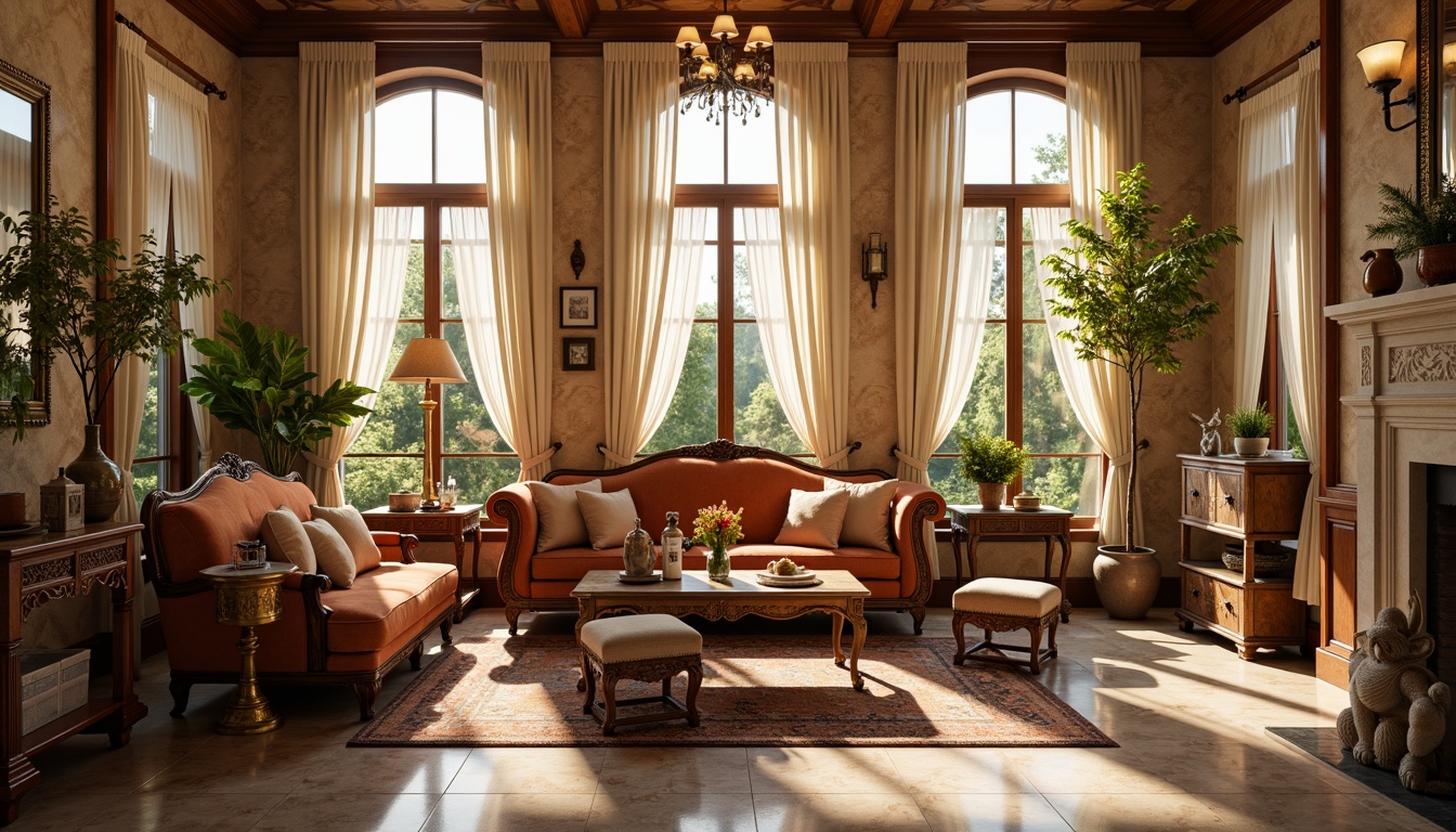 Prompt: Elegant sunroom, warm natural light, comfortable seating area, classic wooden furniture, plush velvet sofas, ornate armchairs, rich leather ottomans, antique bronze coffee tables, intricate carved wooden consoles, soft cream-colored curtains, delicate lace drapes, polished marble floors, vintage rug patterns, rustic stone walls, lush greenery views, sunny afternoon, warm golden lighting, shallow depth of field, 1/1 composition, realistic textures, ambient occlusion.