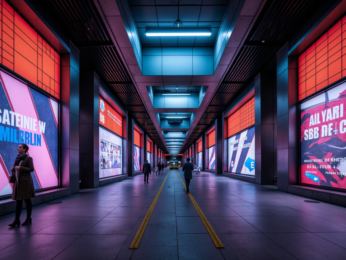 Prompt: Urban metro station, sleek modern design, vibrant color accents, geometric patterned walls, metallic surfaces, LED lighting installations, dynamic visual displays, futuristic architecture, angular lines, minimalist aesthetics, high-contrast graphics, bold typography, atmospheric ambient lighting, shallow depth of field, 3/4 composition, panoramic view, realistic textures, ambient occlusion.