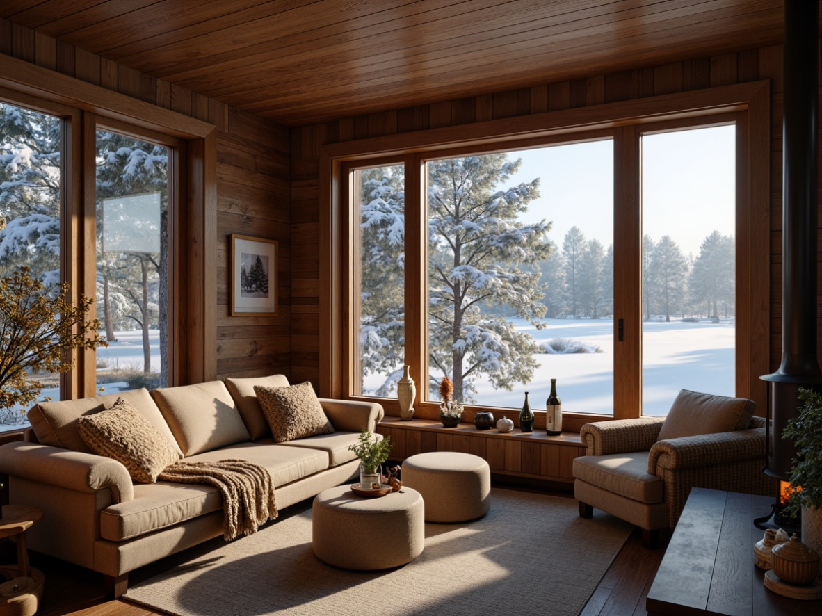 Prompt: Cozy winter cabin, rustic wooden walls, plush throw blankets, soft velvet sofas, warm beige carpets, crackling fireplace, snow-covered pine trees, frozen lake scenery, frosty morning light, shallow depth of field, 1/2 composition, intimate atmosphere, realistic fabric textures, ambient occlusion.