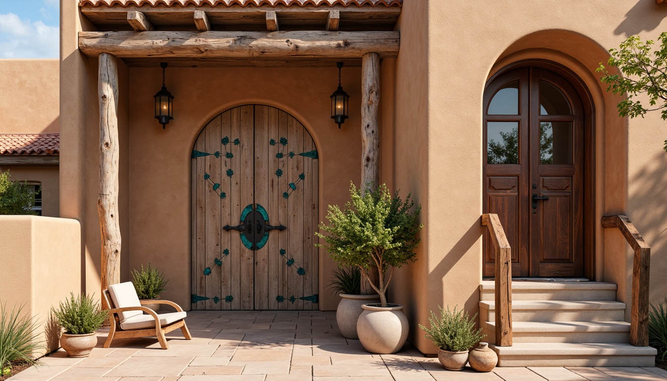 Prompt: Adobe earth-toned walls, rustic wooden doors, ornate metal hinges, vibrant turquoise accents, traditional Pueblo-inspired architecture, curved lines, rounded corners, terracotta roofs, stucco finishes, wrought iron railings, decorative tile work, geometric patterns, natural stone flooring, earthy color palette, warm sunny day, soft gentle lighting, shallow depth of field, 1/2 composition, close-up shot, realistic textures, ambient occlusion.