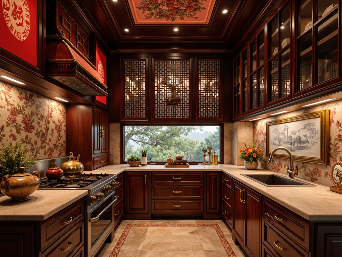 Prompt: Vibrant kitchen space, rich dark wood tones, ornate carvings, intricate inlays, lacquered finishes, Asian-inspired motifs, bold red accents, golden hardware, ornamental latticework, natural stone countertops, warm ambient lighting, shallow depth of field, 1/2 composition, soft focus background, realistic textures, subtle atmospheric effects.