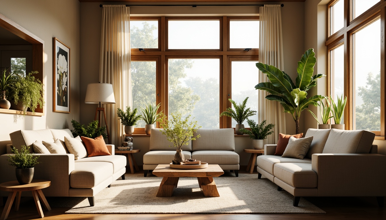 Prompt: Cozy living room, large windows, soft natural light, warm beige walls, comfortable sofas, rustic wooden coffee tables, lush green plants, vibrant floral arrangements, airy atmosphere, minimal decor, subtle textures, realistic shadows, 1/1 composition, shallow depth of field, warm color palette, inviting ambiance.