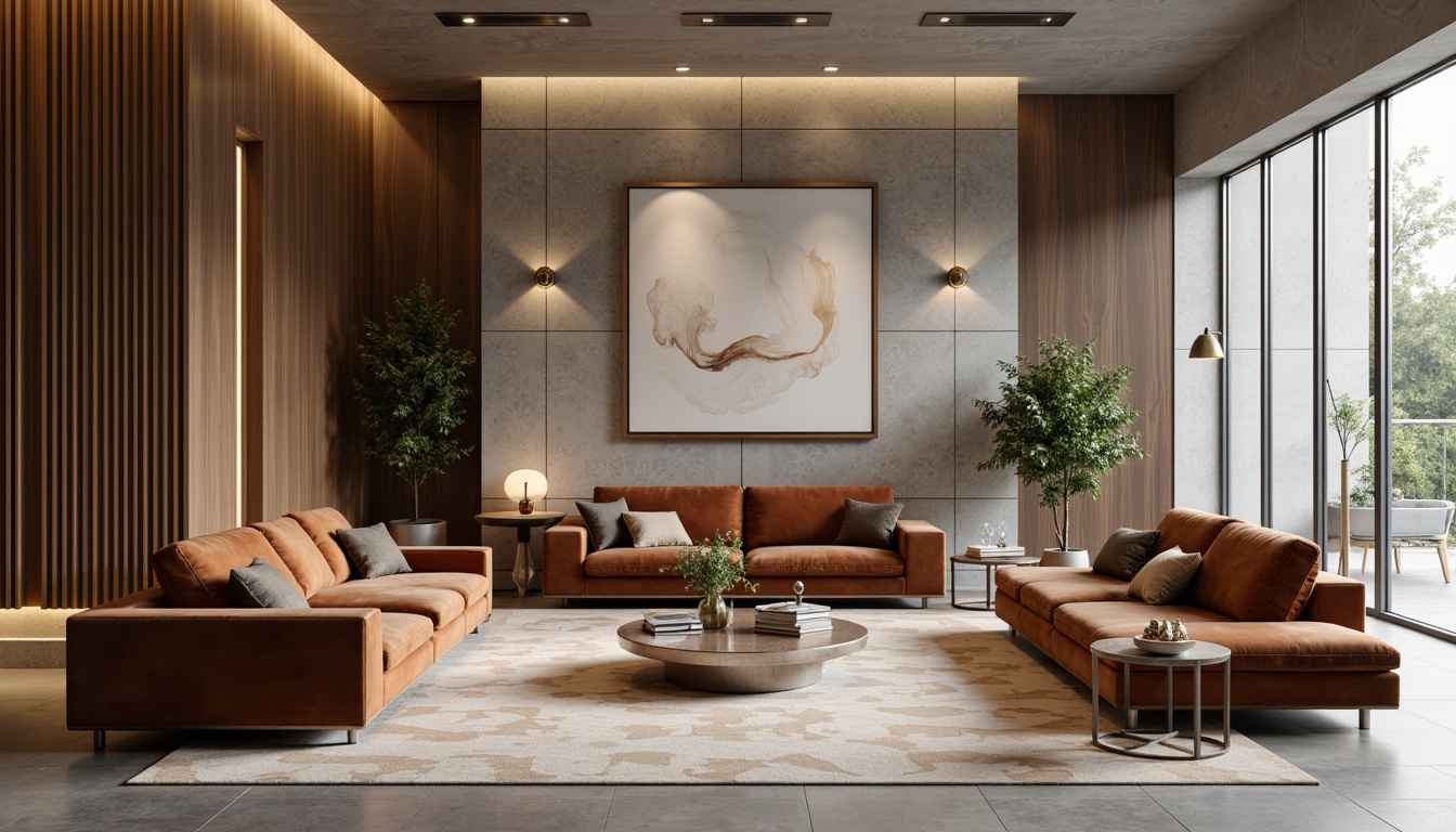 Prompt: Modern living room, sleek low-profile furniture, plush velvet sofas, minimalist coffee tables, abstract artwork, metallic accents, industrial chic lighting fixtures, polished concrete floors, warm wooden wall panels, natural stone feature walls, soft beige rugs, subtle geometric patterns, ambient LED strip lights, 1/1 composition, shallow depth of field, realistic reflections.