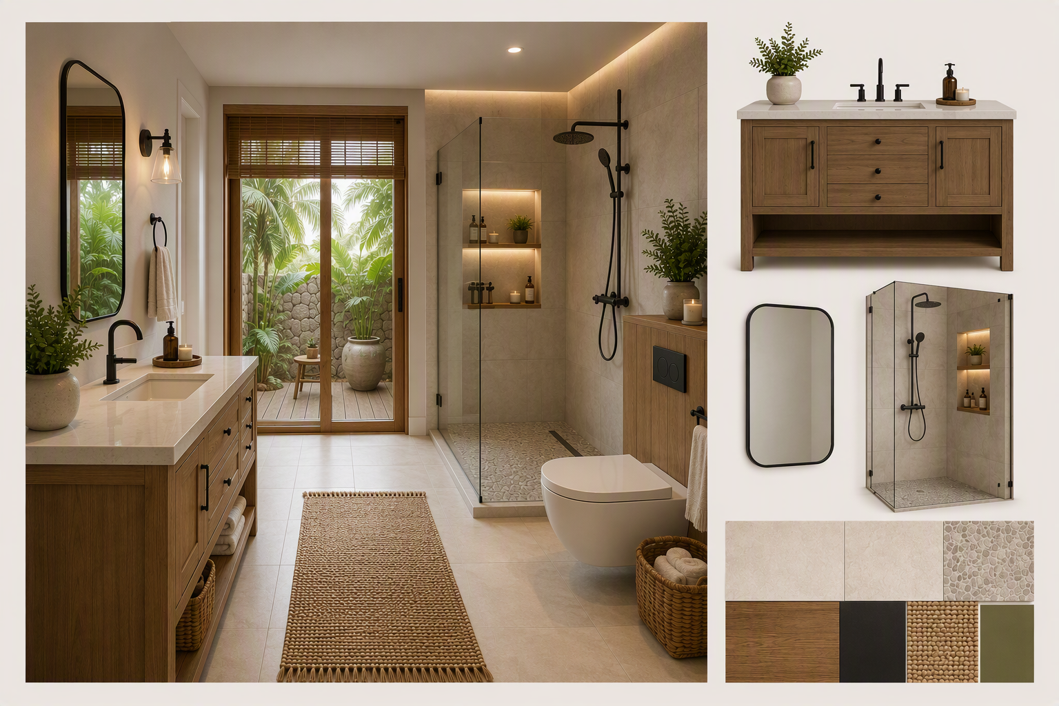 A high-quality, modern tropical bathroom interior with warm natural lighting, featuring a wooden vanity with white marble countertop, a glass-enclosed — spa bathroom ideas reference 2