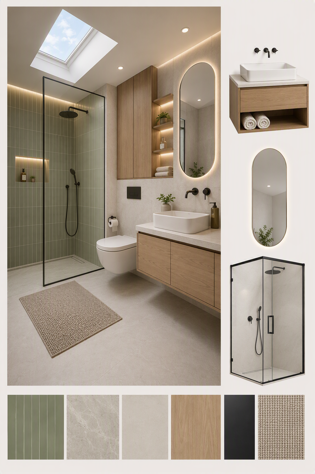 A modern, minimalist bathroom with a skylight, featuring a glass-enclosed shower with black fixtures, a floating wooden vanity with an integrated sink and — guest bathroom ideas reference 3