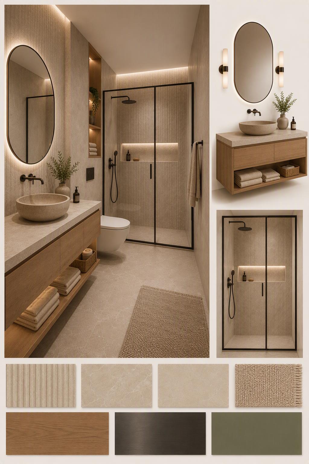 A modern minimalist bathroom with warm ambient lighting, featuring an oval mirror with backlit frame, a stone basin vanity with wooden cabinetry, a — minimalist bathroom ideas reference 3