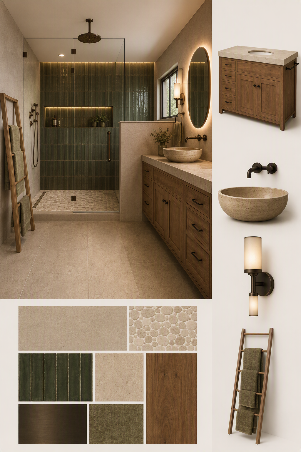 A modern, high-end bathroom interior with a minimalist and warm aesthetic, featuring a spacious walk-in shower with vertical green tiles and integrated — bathroom sink ideas reference 2