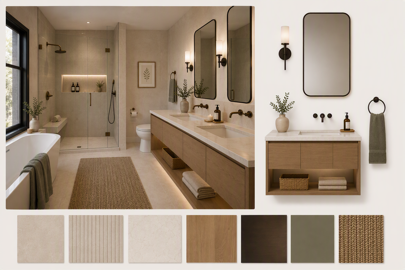 A high-quality, modern bathroom interior featuring a spacious layout with a freestanding bathtub near a large window, a glass-enclosed shower with ambient — jack and jill bathroom ideas reference 2