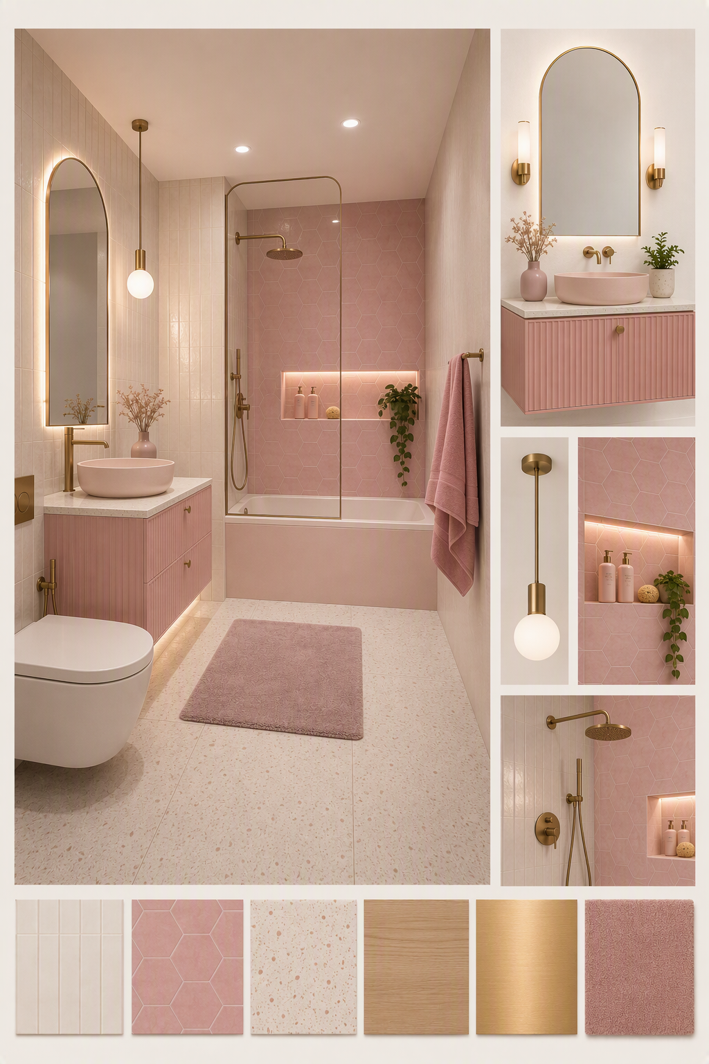 A high-quality, modern bathroom interior design featuring soft pink walls and cabinetry, white terrazzo flooring, and gold-toned fixtures — powder room ideas reference 3