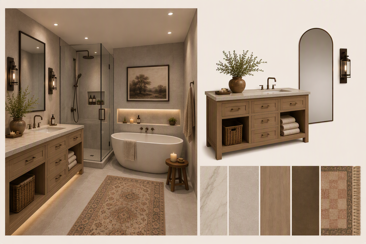 A high-quality, realistic rendering of a modern, elegant bathroom interior featuring a spacious layout with a freestanding white bathtub centered beneath — bathroom sink ideas reference 4