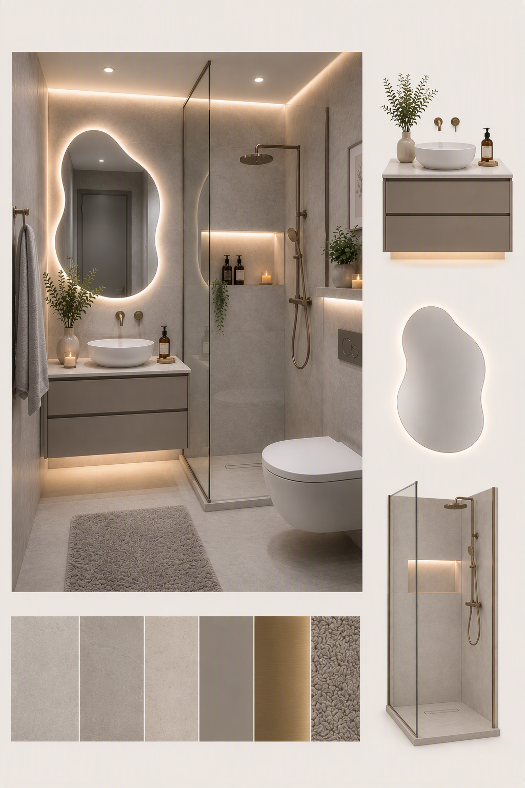 A modern, minimalist bathroom with a warm, ambient lighting design featuring recessed ceiling lights and under-cabinet illumination — powder room ideas reference 2