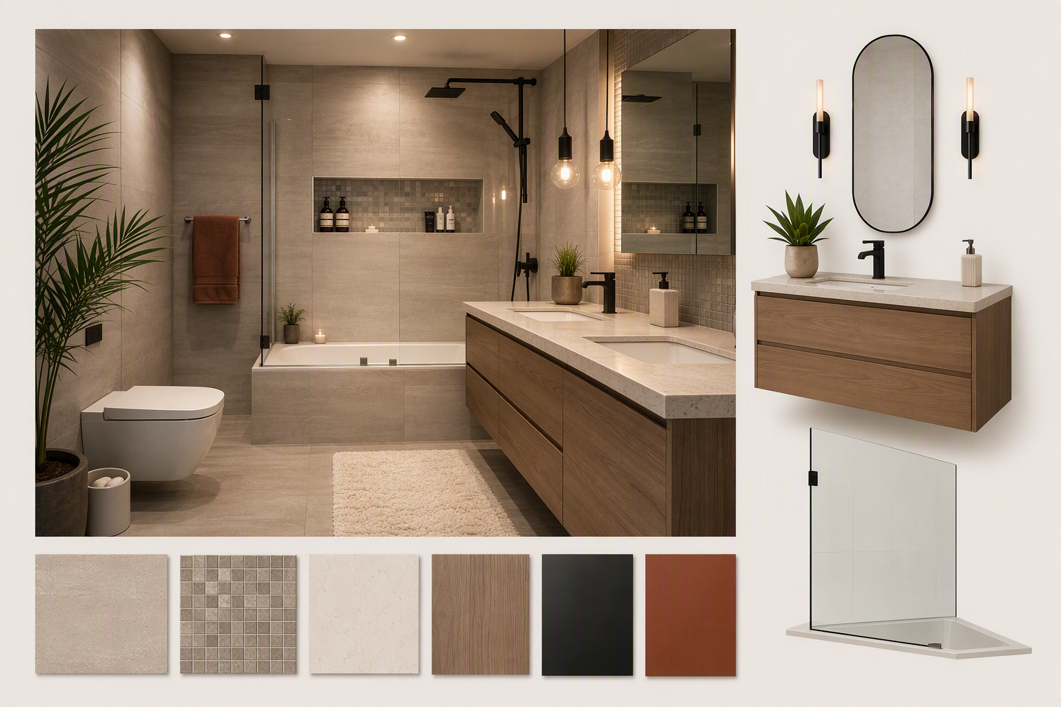 Modern minimalist bathroom interior with a large glass-enclosed shower featuring a rainfall showerhead, a built-in bathtub with recessed lighting, a — modern bathroom ideas reference 1