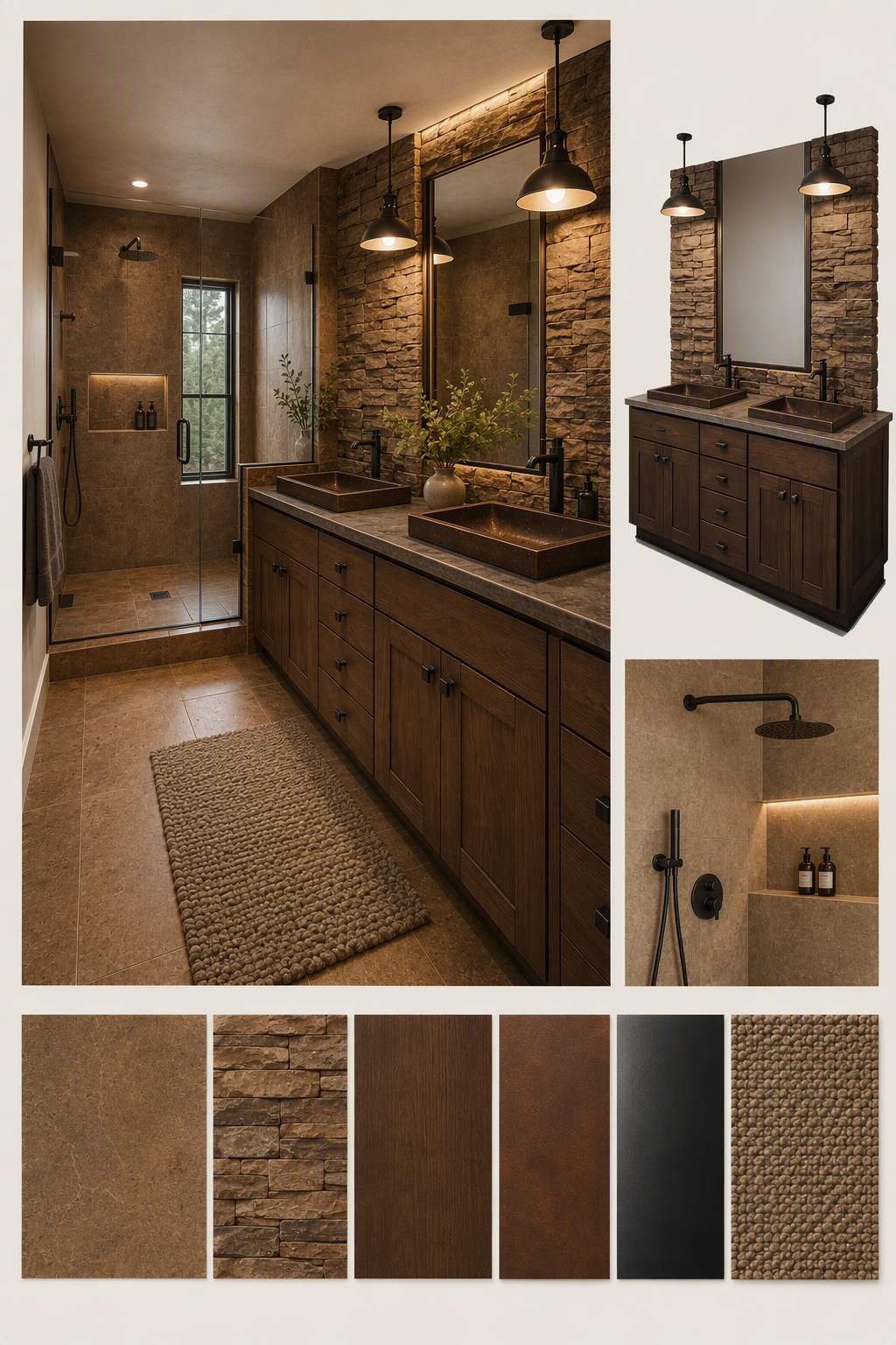 A high-quality, modern rustic bathroom with warm, earthy tones, featuring a large double vanity with dark wood cabinets, stone-veneer walls, and a — jack and jill bathroom ideas reference 4