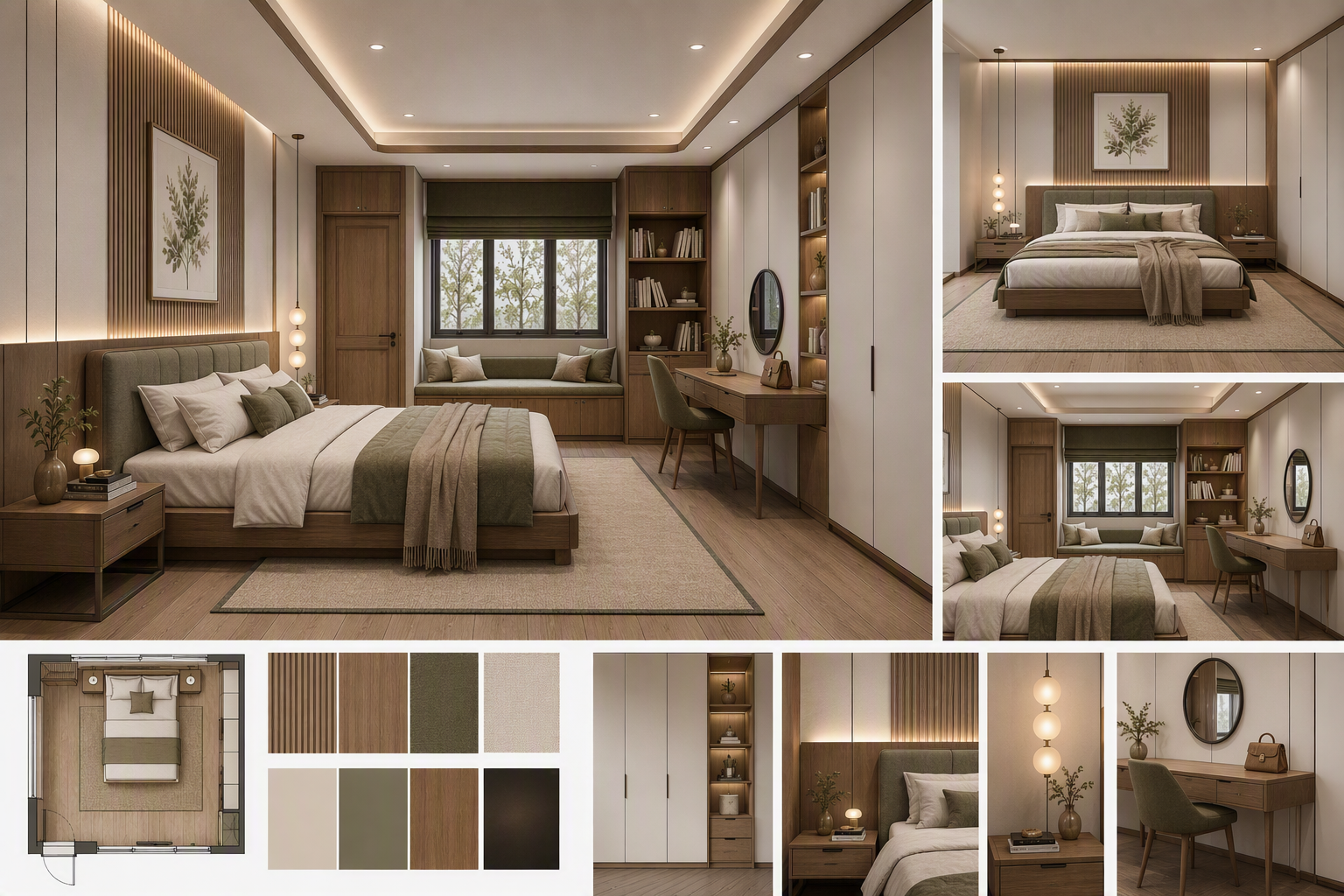 A modern minimalist bedroom with a large wooden bed, built-in wardrobes, a window seat, and a wooden desk with a chair — guest bedroom ideas reference 2