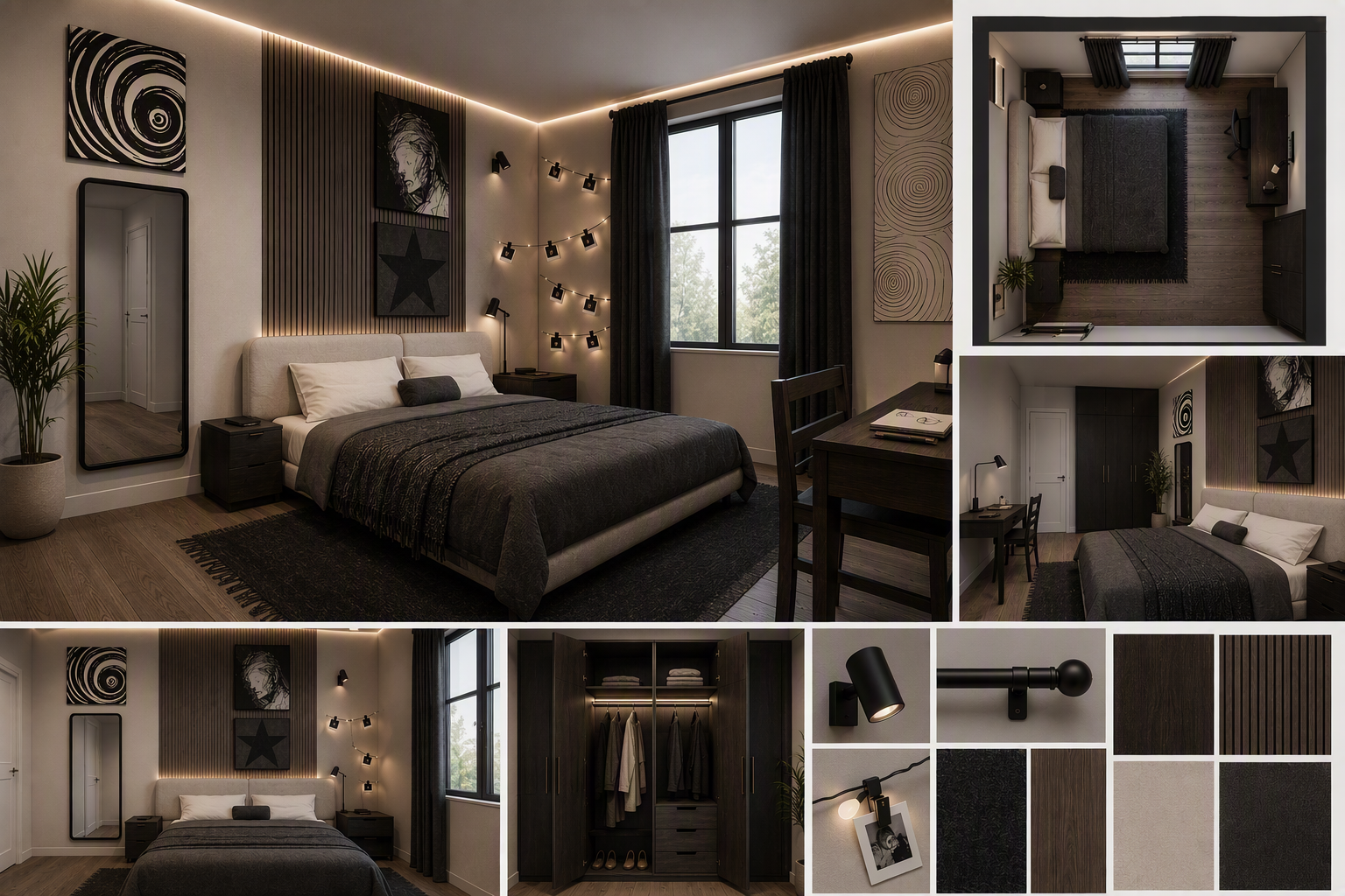 a modern minimalist bedroom interior with a large bed centered under a ceiling with recessed LED lighting, walls featuring dark wood paneling and abstract — boys bedroom ideas reference 4