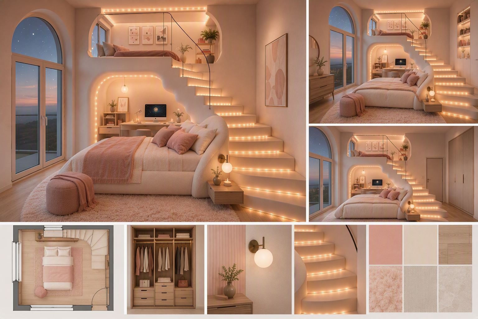 A high-quality, modern, and cozy bedroom featuring a unique spiral staircase with warm LED strip lighting, leading to a loft area with a bed — cozy bedroom ideas reference 2