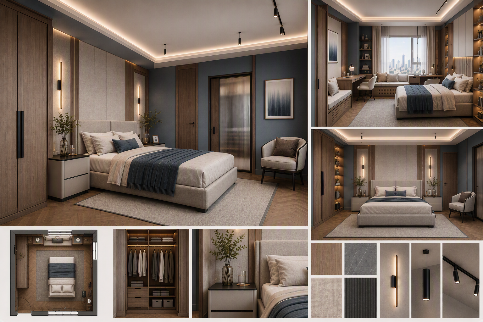 A modern luxury bedroom with a minimalist design, featuring a large bed with beige upholstery and a dark blue throw blanket, flanked by sleek white — basement bedroom ideas reference 4
