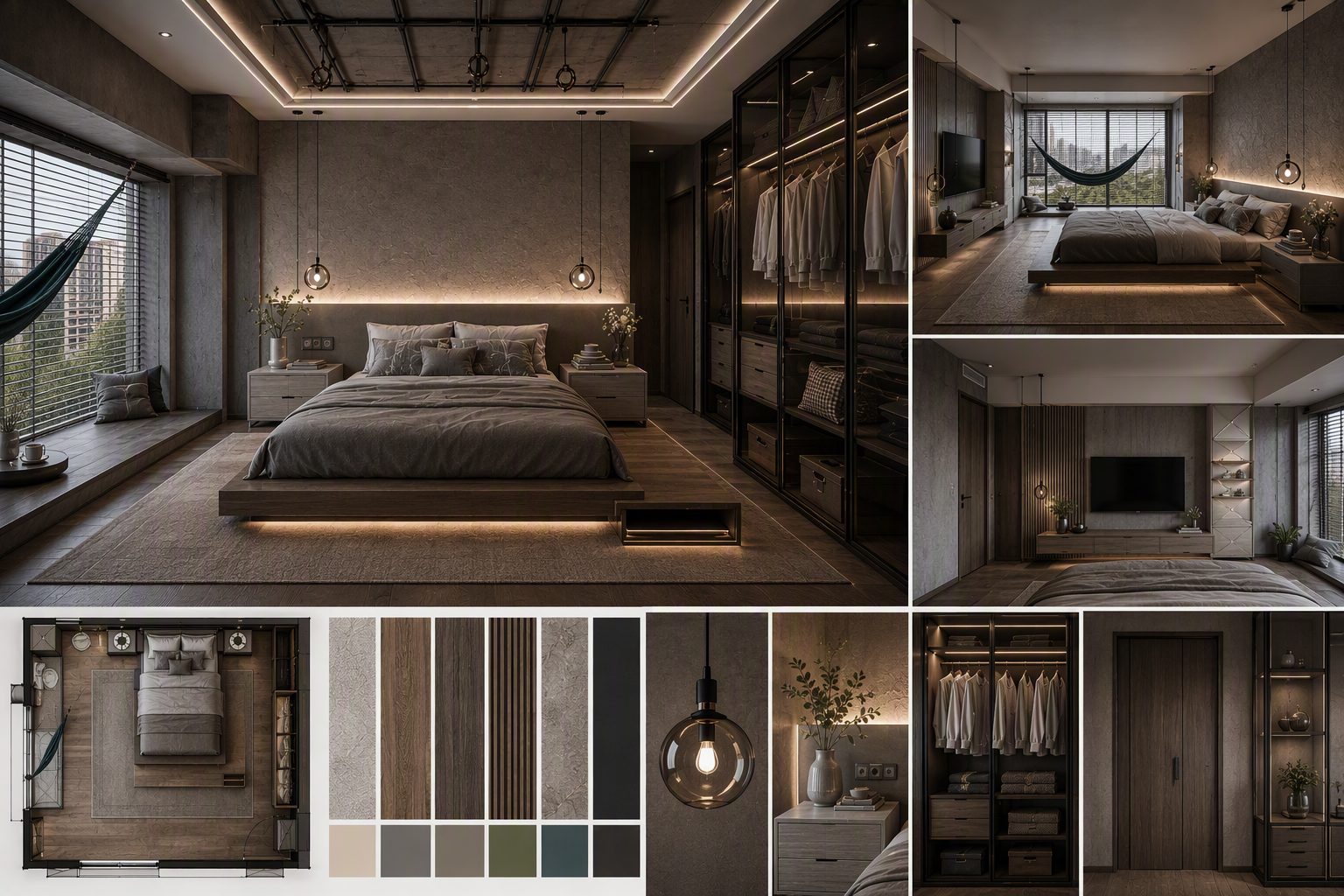 A high-quality, modern industrial-style bedroom with a minimalist aesthetic, featuring a floating wooden bed with integrated under-bed lighting, a large — bedroom storage ideas reference 4