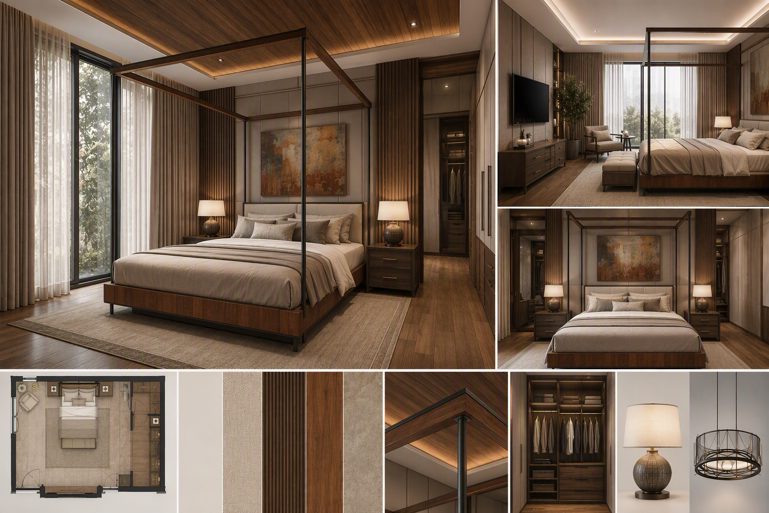 A modern luxury bedroom with a four-poster bed featuring a dark wood frame and light beige bedding, set against a backdrop of warm wooden paneling and a — modern bedroom ideas reference 2