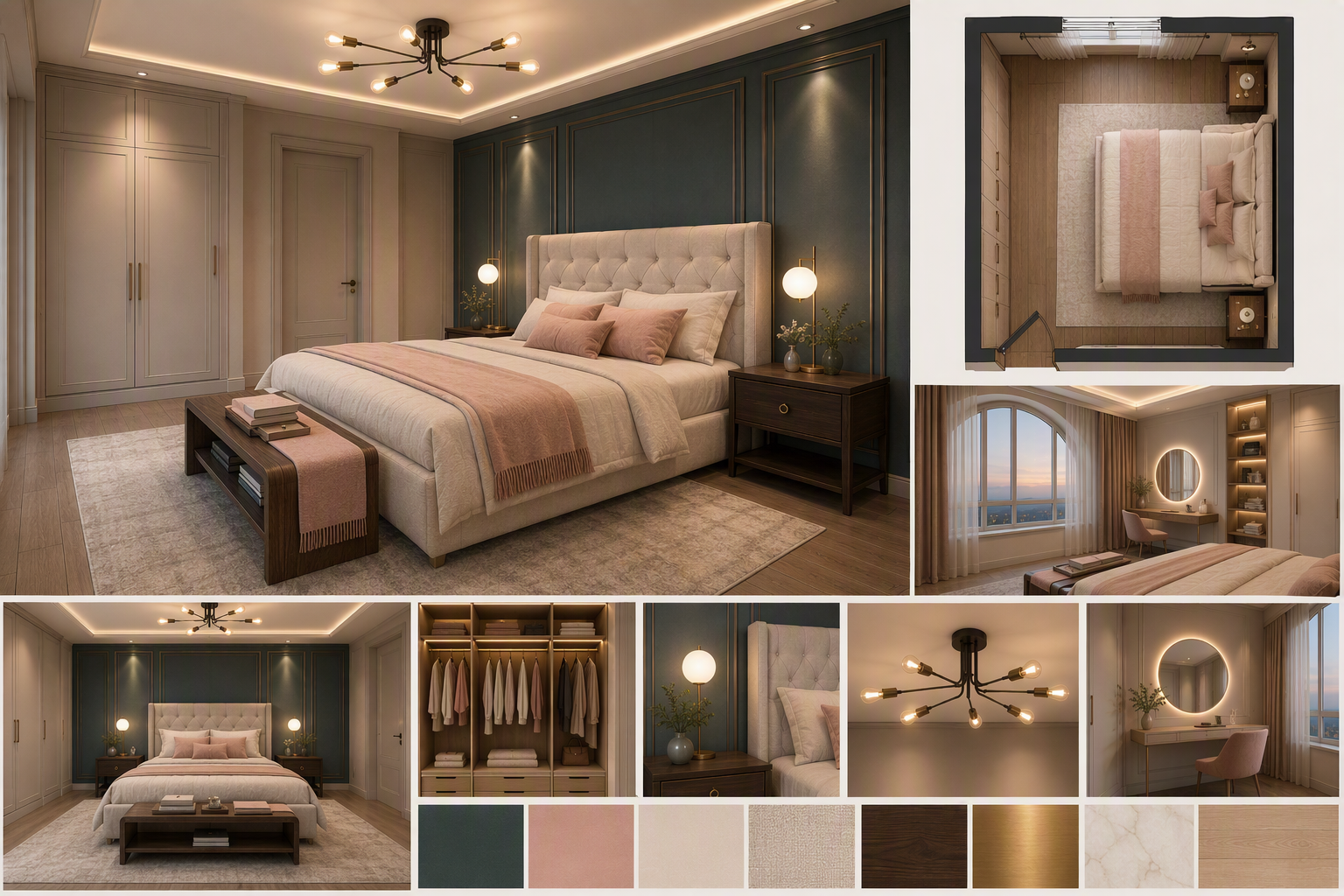 A high-quality, modern luxury bedroom featuring a large tufted beige bed with pink and beige bedding, set against dark teal paneled walls — cozy bedroom ideas reference 3